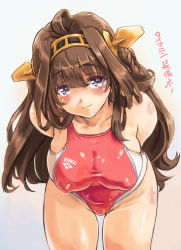 Rule 34 | 10s, 1girl, ahoge, alternate costume, arms behind back, bare shoulders, blush, breasts, brown hair, collarbone, competition swimsuit, cowboy shot, double bun, covered erect nipples, hairband, headgear, highres, kantai collection, kiyama satoshi, kongou (kancolle), large breasts, leaning forward, long hair, looking at viewer, one-piece swimsuit, purple eyes, smile, solo, swimsuit, taut clothes, translation request