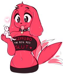 Rule 34 | 1girl, 1other, animal nose, bare shoulders, black collar, black tube top, blush, body fur, breasts, cleavage, clifford the big red dog, clothes writing, collar, commentary, english commentary, english text, flying sweatdrops, fuck-me shirt, furry, furry female, furry with non-furry, genderswap, genderswap (mtf), giant, giantess, heart, highres, interspecies, large breasts, meme attire, midriff, navel, personification, raikissu, red fur, size difference, snout, spiked collar, spikes, standing, strapless, tail, tail wagging, tongue, tongue out, tube top, white background