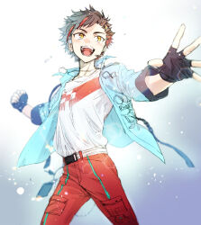 Rule 34 | 1boy, belt, black gloves, black hair, clenched hand, dog tags, ensemble stars!, fingerless gloves, gloves, highres, jacket, jewelry, male focus, microphone, multicolored hair, nagumo tetora, namo, necklace, open clothes, open jacket, open mouth, red hair, shirt, short hair, simple background, sleeves rolled up, solo, streaked hair, white shirt, yellow eyes