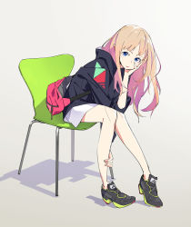 Rule 34 | 1girl, backpack, bag, black footwear, black hair, blue eyes, blush, chair, closed mouth, commentary request, eyebrows hidden by hair, full body, grey background, hand on own cheek, hand on own face, hand up, highres, leaning forward, light brown hair, long hair, looking at viewer, on chair, original, popman3580, puffy short sleeves, puffy sleeves, shadow, shoes, short sleeves, sitting, skirt, solo, very long hair, white skirt