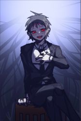 Rule 34 | 1boy, :d, black jacket, black necktie, black pants, blush, brown hair, collared shirt, crossed legs, danganronpa (series), danganronpa 3 (anime), gradient background, grey background, hand up, highres, hinata hajime, jacket, necktie, open mouth, pants, red eyes, scar, scar on face, scar on forehead, shirt, short hair, sitting, smile, solo, teeth, upper teeth only, ziling