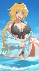 Rule 34 | 1girl, absurdres, ao tsukushi, bare shoulders, beach, bikini, black bikini, blonde hair, blue eyes, blue jacket, blue sky, braid, braided ponytail, breasts, cleavage, collarbone, fate/grand order, fate (series), hairband, highres, hood, hooded jacket, jacket, jeanne d&#039;arc (fate), jeanne d&#039;arc (swimsuit archer) (fate), jeanne d&#039;arc (swimsuit archer) (first ascension) (fate), large breasts, long hair, long sleeves, looking at viewer, open mouth, sky, smile, solo, swimsuit, thighs, very long hair