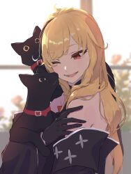 Rule 34 | 1girl, absurdres, animal, animal collar, animal hug, black cat, black gloves, black kimono, blonde hair, cat, collar, commentary, day, english commentary, futomoy, gloves, highres, holding, holding animal, holding cat, hololive, hololive indonesia, indoors, japanese clothes, kaela kovalskia, kaela kovalskia (new year), kimono, long hair, looking down, mixed-language commentary, off shoulder, official alternate costume, one eye closed, open mouth, red collar, red gloves, smile, solo, sunlight, two-tone gloves, upper body, virtual youtuber, window