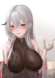 Rule 34 | 1girl, absurdres, azur lane, black nightgown, blush, bodystocking, breasts, center opening, cup, dress, fine fabric emphasis, gangut (azur lane), gangut (keeper of the firewater) (azur lane), hair between eyes, highres, holding, holding cup, ichikushi mojibake, impossible clothes, indoors, large breasts, long hair, looking at viewer, nightgown, off-shoulder dress, off shoulder, official alternate costume, red eyes, see-through, see-through dress, silver hair, sitting