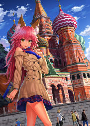 Rule 34 | 1girl, 5boys, animal ear fluff, animal ears, bare shoulders, blue skirt, blue sky, blue sweater, brick wall, brown coat, brown eyes, building, closed mouth, cloud, coat, commentary request, day, fate/extra, fate (series), food, fox ears, fox girl, fox tail, hair between eyes, holding, holding food, long hair, long sleeves, looking at viewer, multiple boys, npcpepper, outdoors, pink hair, plaid, plaid skirt, railing, ribbed sweater, skirt, sky, sleeveless, sleeveless sweater, solo focus, st basil&#039;s cathedral, sweater, tail, tamamo (fate), tamamo no mae (fate/extra), tongue, tongue out, very long hair, watch, wristwatch