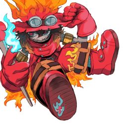 Rule 34 | 1boy, armlet, digimon, digimon (creature), fire, fire, flawizarmon, gloves, goggles, goggles on head, grey background, highres, level-00, magic, pants, red eyes, red footwear, red gloves, red headwear, red pants, simple background, solo, teeth