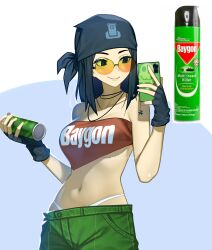 Rule 34 | 1girl, absurdres, artist name, bandana, black bandana, black gloves, black hair, bottle, bug spray, cellphone, commentary, english commentary, fingerless gloves, gloves, green panties, hands up, highres, holding, holding bottle, holding phone, insecticide, jewelry, keiryuu seo, medium hair, navel, necklace, orange-tinted eyewear, original, panties, panty straps, personification, phone, product placement, red tank top, red tube top, smartphone, smile, spray can, strapless, sunglasses, tank top, tinted eyewear, tube top, underwear, upper body, white panties