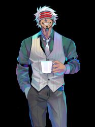 Rule 34 | 1boy, absurdres, ace attorney, belt, black pants, buttons, coffee, coffee mug, collared shirt, cup, dark-skinned male, dark skin, denaseey, earrings, facial hair, formal, goatee, godot (ace attorney), green shirt, grin, hand in pocket, headgear, highres, jewelry, male focus, messy hair, mug, necktie, pants, shirt, sleeve cuffs, smile, vest, visor, white hair, white necktie, white vest