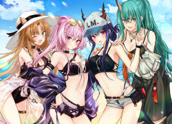 Rule 34 | 4girls, :d, ;d, absurdres, animal ear fluff, animal ears, arknights, asymmetrical docking, bare arms, bare shoulders, baseball cap, beach, belt, belt pouch, bikini, bikini under clothes, black bikini, black gloves, black one-piece swimsuit, black pants, black shorts, blonde hair, blue hair, blush, breast press, breasts, casual one-piece swimsuit, center opening, ch&#039;en (arknights), ch'en (arknights), chiwa (chiwawanwan1206), cleavage, closed mouth, clothes around waist, clothes writing, collar, collarbone, commentary request, contrapposto, cowboy shot, dragon girl, dragon horns, dragon tail, ears through headwear, eyewear on head, female tourist c (arknights), fingerless gloves, folded ponytail, gloves, green-tinted eyewear, green eyes, green hair, grey shorts, hair ornament, hairclip, hand on another&#039;s shoulder, hand on own hip, hands on another&#039;s shoulders, hat, hexagonal eyewear, highres, horns, horns through headwear, hoshiguma (arknights), jacket, jewelry, large breasts, leaning forward, lin (arknights), long hair, long sleeves, looking at viewer, medium breasts, mismatched bikini, multiple girls, navel, necklace, ocean, official alternate costume, one-piece swimsuit, one eye closed, open clothes, open fly, open jacket, open mouth, open shorts, pants, parted bangs, pearl necklace, pink eyes, pink hair, pouch, purple eyes, purple jacket, ring, see-through, see-through jacket, shorts, single glove, single sleeve, skin-covered horns, smile, stomach, sunglasses, sweatdrop, swimsuit, swire (arknights), tail, tiger ears, tinted eyewear, unbuttoned, underboob, unzipped, v-shaped eyebrows, very long hair, water, white bikini, white headwear, yellow-framed eyewear, yellow eyes
