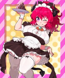 Rule 34 | 1girl, alma (onsoku inu), alternate costume, apron, black bow, black dress, black horns, blush, bow, button gap, demon girl, dress, enmaided, frilled apron, frilled dress, frills, highres, holding, holding clothes, holding dress, horns, long hair, maid, maid apron, maid headdress, one eye closed, onsoku inu, original, plate, red hair, solo, thighhighs, white thighhighs