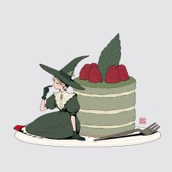 Rule 34 | 1girl, cake, dress, food, fork, gloves, green dress, green hat, grey background, hat, leaf, mini person, minigirl, original, plate, platinum blonde hair, profile, puffy short sleeves, puffy sleeves, ranpanda, shadow, short hair, short sleeves, simple background, solo, witch, witch hat