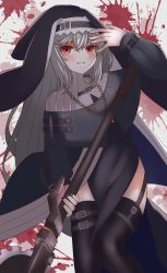 Rule 34 | 1girl, arknights, black capelet, black dress, black headwear, black nails, black thighhighs, blood, blood splatter, capelet, circular saw, cowboy shot, dress, eyebrows hidden by hair, garter straps, grey hair, habit, highres, holding, holding weapon, kuwan4971, long hair, nail polish, nun, parted lips, pelvic curtain, red eyes, saw, solo, specter (arknights), thighhighs, very long hair, weapon, white background
