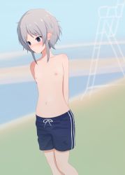 Rule 34 | 1girl, absurdres, arms behind back, artist request, beach, blue eyes, blue male swimwear, blue sky, blue swim trunks, blurry, blurry background, blush, breasts, character request, closed mouth, copyright request, day, drawstring, feet out of frame, female focus, flat chest, grey hair, highres, looking away, looking to the side, male swimwear, male swimwear challenge, medium hair, nipples, ocean, outdoors, sand, sky, solo, source request, standing, swim trunks, swimsuit, topless, water