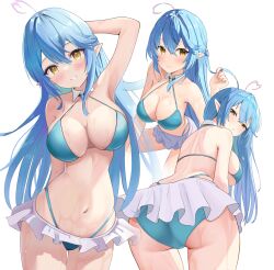 1girl ahoge arm_behind_head arm_up ass bent_over bikini bikini_skirt blue_bikini blue_hair breasts cleavage collar collarbone detached_collar elf halterneck heart heart_ahoge highres holding holding_own_hair hololive large_breasts long_hair looking_at_viewer multiple_views navel pointy_ears skirt smile swimsuit taachika virtual_youtuber wet white_background white_collar white_skirt yellow_eyes yukihana_lamy