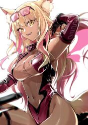 Rule 34 | 1girl, animal ears, bare shoulders, black leotard, blonde hair, blush, breasts, cleavage, covered navel, dark-skinned female, dark skin, elbow gloves, energy wings, fate/grand order, fate (series), fox ears, fox girl, fox tail, gloves, gradient hair, highleg, highleg leotard, highres, kino kokko, large breasts, leotard, long hair, looking at viewer, multicolored hair, open mouth, pink gloves, pink hair, pink leotard, race queen, see-through, see-through cleavage, sidelocks, smile, solo, suzuka gozen (fate), suzuka gozen (swimsuit rider) (fate), suzuka gozen (swimsuit rider) (first ascension) (fate), tail, tan, thighs, yellow eyes