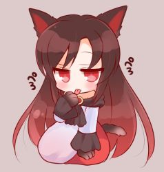 Rule 34 | 1girl, animal ears, bad id, bad pixiv id, bare shoulders, blush, brown hair, chibi, dress, fur, imaizumi kagerou, jewelry, licking, licking hand, licking paw, long hair, mashiro miru, red eyes, sitting, solo, tail, tongue, tongue out, touhou, very long hair, wolf, wolf ears, wolf tail