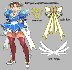 Rule 34 | alternate costume, bell, blush, breasts, brown eyes, brown hair, capcom, character sheet, choker, chun-li, cleavage, clenched hands, double bun, earrings, elbow gloves, english text, eyeshadow, gloves, grey background, hair bell, hair bun, hair ornament, highres, jewelry, makeup, open mouth, puffy sleeves, red thighhighs, ring, short hair, simple background, sketch, smile, solo, spikes, standing, street fighter, teeth, thighhighs, upper teeth only, watatanza, white choker, white footwear