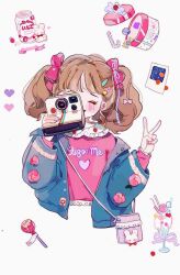 Rule 34 | 1girl, animal print, bag, banner, blue jacket, blush stickers, bow, brown hair, buttons, camera, can, candy, candy cane, closed eyes, collar, collared jacket, collared shirt, drink can, drinking straw, food, food print, frilled bow, frilled shirt collar, frilled sleeves, frills, gift, hair bow, hair ornament, hair ribbon, hairclip, heart, holding, holding camera, ice cream, ice cream float, jacket, lace, lace-trimmed shirt, lace trim, layered legwear, lid, long hair, long sleeves, nail polish, one eye covered, open clothes, open jacket, open mouth, original, photo (object), pink bow, pink nails, pink shirt, purple bag, purple ribbon, putong xiao gou, rabbit print, ribbon, shirt, shoulder bag, smile, soda can, solo, star (symbol), star hair ornament, straight-on, strawberry print, twintails, upper body, v, white background, white collar, wrapped candy