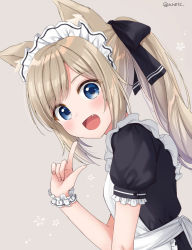Rule 34 | 1girl, :d, animal ear fluff, animal ears, anz32, apron, bad id, bad pixiv id, black bow, black dress, blue eyes, bow, brown background, brown hair, cat ears, commentary request, dress, dutch angle, fang, hair bow, index finger raised, long hair, looking at viewer, looking to the side, maid, maid apron, maid headdress, open mouth, original, ponytail, puffy short sleeves, puffy sleeves, short sleeves, sidelocks, simple background, smile, solo, swept bangs, twitter username, upper body, white apron, wrist cuffs