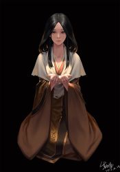 Rule 34 | 1girl, black background, black hair, brown eyes, capelet, collarbone, cupping hands, dated, divine child of rejuvenation, full body, japanese clothes, kimono, lips, long hair, looking at viewer, nose, own hands together, parted bangs, rice, seiza, sekiro: shadows die twice, sidelocks, signature, sitting, solo, wide sleeves, yu xiang qiezi