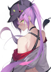 Rule 34 | 1girl, absurdres, bare shoulders, baseball cap, bibi (tokoyami towa), black choker, black hat, choker, closed mouth, commentary, demon tail, ear piercing, earrings, from behind, green eyes, grey jacket, hair ornament, hairclip, hat, highres, hololive, jacket, jewelry, lisu, long hair, looking at viewer, looking back, off shoulder, piercing, purple hair, simple background, solo, tail, tail ornament, tail piercing, tokoyami towa, tokoyami towa (1st costume), twintails, upper body, v-shaped eyebrows, virtual youtuber, white background