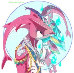 Rule 34 | 1boy, 1girl, brother and sister, comforting, fins, fish boy, gills, hair ornament, head fins, jewelry, long hair, male focus, mipha, monster boy, monster girl, muscular, nintendo, pointy ears, sharp teeth, shuri (84k), siblings, sidon, simple background, smile, teeth, the legend of zelda, the legend of zelda: breath of the wild, yellow eyes, zora