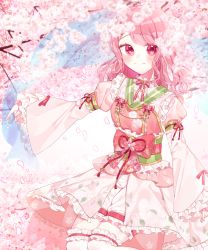 Rule 34 | 1girl, bang dream!, blue shawl, blush, center frills, chain, cherry blossoms, floral print, frilled kimono, frilled socks, frills, gold chain, highres, japanese clothes, kimono, kneehighs, lace trim, long hair, long sleeves, maruyama aya, neck ribbon, obi, patzzi, petals, pink eyes, pink hair, pink kimono, pink ribbon, pink theme, ribbon, sash, shawl, sleeve ribbon, smile, socks, solo, tied sleeves, wings
