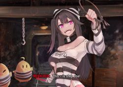 Rule 34 | 1girl, azur lane, bird, black hair, breasts, call of duty, call of duty: black ops, chick, dress, hat, key, large breasts, long hair, long sleeves, looking at viewer, manjuu (azur lane), marshall k, mine (place), official alternate costume, open mouth, pamiat merkuria (azur lane), pamiat merkuria (caged minx) (azur lane), prison clothes, purple eyes, scene reference, smile, striped clothes, striped headwear, subtitled, torn clothes, torn dress