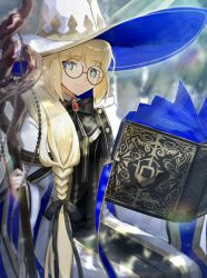 Rule 34 | 1girl, black-framed eyewear, black bow, black bowtie, black ribbon, blonde hair, book, bow, bowtie, braid, braided ponytail, chain, closed mouth, commentary request, fate/grand order, fate (series), floating, floating object, glasses, green eyes, hair ribbon, hat, highres, holding, holding staff, holding weapon, large hat, long hair, looking at viewer, open book, ribbon, robe, round eyewear, smile, solo, staff, tokoni fusu, aesc (fate), weapon, white hat, white robe, witch hat