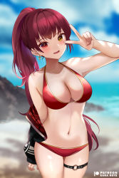 Rule 34 | 1girl, bare shoulders, bikini, black jacket, blurry, blurry background, blush, breasts, cleavage, earrings, heterochromia, hololive, houshou marine, houshou marine (summer), jacket, jewelry, large breasts, long hair, mujinbensin, navel, off shoulder, open mouth, outdoors, ponytail, red bikini, red eyes, red hair, smile, solo, stomach, swimsuit, v, very long hair, virtual youtuber, yellow eyes