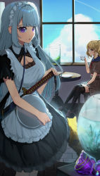 Rule 34 | 2girls, absurdres, apron, black dress, black serafuku, black shirt, black skirt, black thighhighs, blonde hair, blue sky, breasts, brown footwear, cat, chair, cleavage, cleavage cutout, clothing cutout, cloud, cup, day, dress, grey hair, highres, holding, holding cup, holding tray, indoors, katana, large breasts, loafers, long hair, maid, maid apron, maid headdress, miniskirt, mole, mole under mouth, multiple girls, orange eyes, original, plate, pleated skirt, puffy short sleeves, puffy sleeves, purple eyes, scabbard, school uniform, serafuku, sheath, sheathed, shirt, shoes, short sleeves, sitting, skirt, sky, smile, standing, suzuharu toufu, sword, table, teacup, thighhighs, tray, twintails, weapon, white apron, window