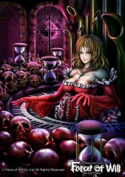 Rule 34 | 1girl, blonde hair, blood, breasts, cleavage, copyright name, fang, force of will, gloves, green eyes, instrument, jewelry, long hair, necklace, official art, pipe organ, skull, upper body, vampire, window