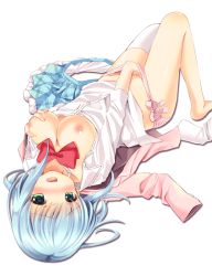 Rule 34 | 1girl, bad id, bad pixiv id, barefoot, blue hair, blush, bow, bow panties, bowtie, breasts, clothed masturbation, female focus, female masturbation, fingering, grabbing own breast, green hair, hand in panties, hand on breast, irori, long sleeves, looking at viewer, lying, masturbation, medium breasts, nipples, on back, open clothes, open mouth, open shirt, original, panties, shirt, short hair, simple background, single thighhigh, skirt, solo, striped clothes, striped panties, thighhighs, underwear, unworn skirt, upside-down, white background, white thighhighs