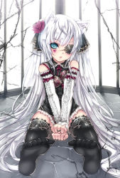 Rule 34 | 1girl, animal ears, aqua eyes, bad id, bad pixiv id, bare shoulders, birdcage, black thighhighs, blue eyes, blush, bow, cage, cat ears, cat girl, derivative work, detached sleeves, dress, earrings, eyepatch, face mark, facial mark, feet, female focus, flower, foreshortening, frills, geike, goth fashion, gothic lolita, hair bow, hair flower, hair ornament, heart, heart facial mark, highres, jewelry, lolita fashion, long hair, no shoes, original, ribbon, ring, sitting, skirt, soles, solo, thighhighs, toes, twintails, unkq, v arms, very long hair, white hair