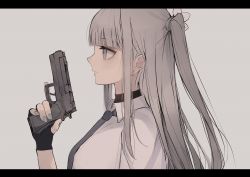 Rule 34 | 1girl, bad id, bad twitter id, black gloves, breasts, collared shirt, commentary, fingerless gloves, from side, gloves, grey background, grey eyes, grey hair, grey nails, grey necktie, gun, hand up, handgun, highres, holding, holding gun, holding weapon, letterboxed, long hair, nail polish, necktie, original, pistol, profile, shirt, simple background, small breasts, solo, symbol-only commentary, tsuruse, two side up, upper body, weapon, white shirt
