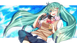 Rule 34 | 1girl, bow, bowtie, green eyes, green hair, hair ornament, hairclip, hatsune miku, headphones, headphones around neck, long hair, microphone, microphone stand, open mouth, skirt, sweater vest, twintails, very long hair, vocaloid, wink, yukina yotsuba