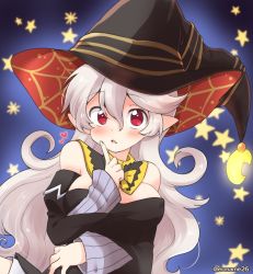 Rule 34 | 1girl, corrin (female) (fire emblem), corrin (fire emblem), detached collar, eromame, fire emblem, fire emblem fates, hat, long hair, long sleeves, nintendo, open mouth, pointy ears, red eyes, solo, twitter username, upper body, white hair, witch, witch hat