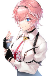 Rule 34 | 1girl, 1mikuro, arm strap, ascot, black choker, black gloves, black shorts, blue eyes, blush, choker, fingerless gloves, gloves, head wings, high-waist shorts, highres, hololive, looking at viewer, necktie, one eye closed, pink hair, red necktie, short hair, shorts, smile, solo, takane lui, takane lui (1st costume), underbust, upper body, virtual youtuber, white ascot, wings