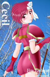 Rule 34 | 1girl, armor, ass, cecil (fire emblem), character name, check commentary, commentary, commentary request, copyright name, fingerless gloves, fire emblem, fire emblem: mystery of the emblem, gloves, headband, hissaa (starlight express), holding, holding polearm, holding weapon, looking at viewer, looking back, nintendo, pauldrons, pink eyes, pink hair, pink skirt, polearm, short hair, shoulder armor, skirt, tree, weapon, white headband