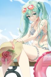 Rule 34 | 1girl, :q, absurdres, aqua eyes, aqua hair, aviator sunglasses, bare shoulders, bikini, blue nails, blue sky, bracelet, breasts, choker, cleavage, day, eyewear on head, flower, frilled bikini, frills, hat, hat flower, hatsune miku, highres, holding, holding clothes, holding hat, innertube, jewelry, long hair, looking at viewer, medium breasts, navel, number tattoo, outdoors, sitting, sky, smile, solo, stomach, sun hat, sunglasses, swim ring, swimsuit, tattoo, thigh strap, tongue, tongue out, twintails, unworn hat, unworn headwear, ve r nell, very long hair, vocaloid, white bikini, white choker