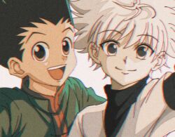 Rule 34 | 2boys, :d, black hair, blue eyes, child, enoki (gongindon), gon freecss, hunter x hunter, killua zoldyck, looking at viewer, male focus, multiple boys, official style, open mouth, raised eyebrows, short hair, smile, spiked hair, upper body, white hair