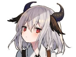 Rule 34 | 1girl, animal ears, bad id, bad twitter id, blush, character request, commentary request, constricted pupils, copyright request, demon horns, dog ears, grey hair, horns, looking at viewer, mimelond, portrait, pout, red eyes, simple background, solo, white background