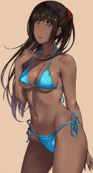 Rule 34 | 1girl, arm behind back, bikini, black hair, blue bikini, blue eyes, blue nails, breasts, commentary request, dark-skinned female, dark skin, eyebrows, fingernails, hai ookami, hair ornament, hair scrunchie, highres, long hair, looking at viewer, medium breasts, nail polish, navel, nose, original, ponytail, red scrunchie, revision, scrunchie, side-tie bikini bottom, simple background, smile, solo, standing, stomach, swimsuit, tongue, tongue out, very long hair