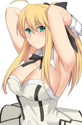 Rule 34 | 1girl, ahoge, alternate breast size, armpits, arms behind head, arms up, artoria pendragon (all), artoria pendragon (fate), artoria pendragon (lancer) (fate), bare shoulders, black bow, black ribbon, blonde hair, blush, bow, breasts, choker, cleavage, covered erect nipples, detached collar, fate/unlimited codes, fate (series), frown, green eyes, hair between eyes, hair bow, high ponytail, large breasts, long hair, looking at viewer, neck ribbon, ribbon, saber lily, shiseki hirame, sidelocks, simple background, solo, strapless, upper body, white background