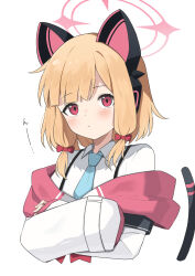 Rule 34 | 1girl, animal ear headphones, animal ears, blonde hair, blue archive, blue necktie, blush, cat tail, closed mouth, collared shirt, fake animal ears, halo, headphones, highres, jacket, looking at viewer, momoi (blue archive), necktie, pink halo, red eyes, shirt, short hair, simple background, solo, tail, upper body, white background, white jacket, white shirt, yoimura