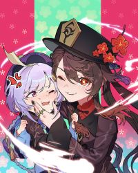 Rule 34 | 2girls, age difference, black nails, brown hair, child, earrings, floral background, flower, genshin impact, hat, highres, honlo, hu tao (genshin impact), jewelry, long hair, multiple girls, nail polish, one eye closed, onee-loli, open mouth, purple eyes, purple hair, qiqi (genshin impact), red eyes, ring, star-shaped pupils, star (symbol), symbol-shaped pupils, yuri
