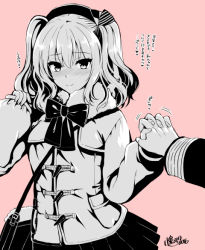 Rule 34 | 10s, 1girl, 2016, alternate costume, bag, beret, black bow, black bowtie, black skirt, blush, bow, bowtie, breasts, cowboy shot, fur collar, gloves, grey eyes, handbag, hat, holding hands, interlocked fingers, jacket, kantai collection, kashima (kancolle), kojima saya, large breasts, long sleeves, looking at viewer, monochrome, nose blush, pink background, pleated skirt, signature, silver hair, skirt, smile, solo focus, tareme, translation request, twintails, two side up, wavy hair, white gloves