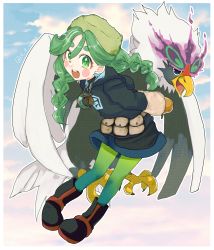 Rule 34 | 1girl, arms behind back, bird, blush stickers, boots, braid, creatures (company), fur hat, game freak, green eyes, green hair, hat, highres, hisuian braviary, jacket, jewelry, leaning forward, leggings, looking at viewer, necklace, nintendo, open mouth, pokemon, pokemon legends: arceus, pouch, sabi (pokemon), smile, twin braids