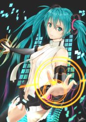 Rule 34 | 1girl, asurada yui, black thighhighs, blue eyes, blue hair, breasts, cleavage, cowboy shot, detached sleeves, floating hair, gradient sleeves, grey sleeves, hair between eyes, hatsune miku, hatsune miku (append), long hair, long sleeves, looking at viewer, medium breasts, midriff, multicolored hair, navel, necktie, outstretched arms, purple hair, smile, solo, standing, stomach, thighhighs, two-tone hair, very long hair, vocaloid, vocaloid append, white necktie
