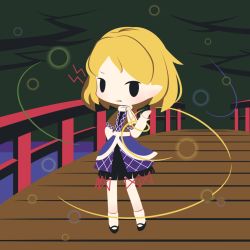 Rule 34 | 1girl, angry, arm warmers, black eyes, black footwear, blonde hair, bridge, chibi, cobalta, full body, looking at viewer, mizuhashi parsee, multicolored clothes, open mouth, outdoors, pointy ears, scarf, short hair, short sleeves, solid oval eyes, solo, standing, touhou, v-shaped eyebrows, water, white legwear, white scarf